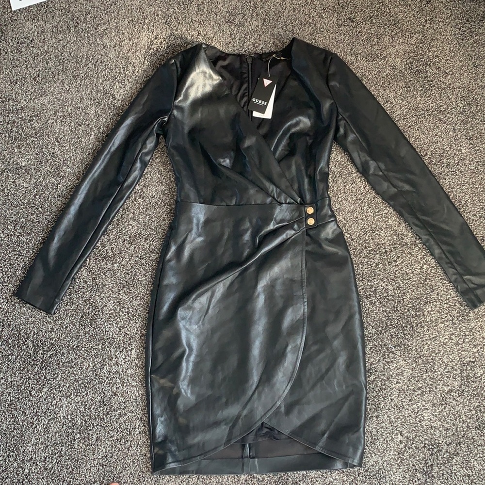 Guess faux leather long sleeve black dress